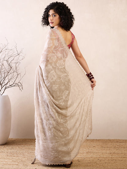 Women's Chiffon Cream Embellished Ready to Wear With Blouse Piece