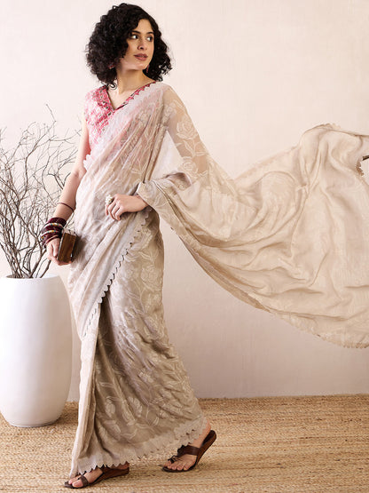 Women's Chiffon Cream Embellished Ready to Wear With Blouse Piece