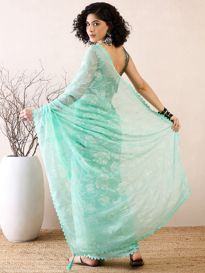 Women's Chiffon Sea Green Embellished Ready to Wear With Blouse Piece
