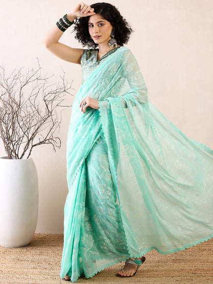 Women's Chiffon Sea Green Embellished Ready to Wear With Blouse Piece