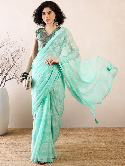 Women's Chiffon Sea Green Embellished Ready to Wear With Blouse Piece