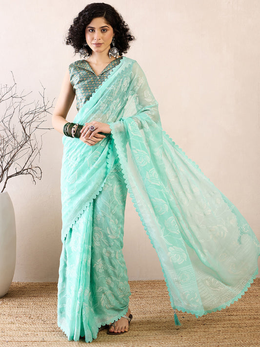 Women's Chiffon Sea Green Embellished Ready to Wear With Blouse Piece