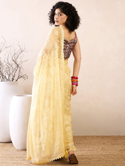 Women's Chiffon Yellow Embellished Ready to Wear With Blouse Piece