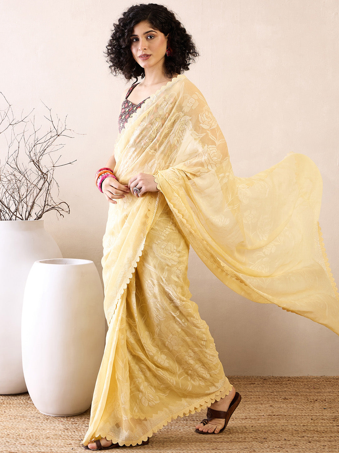 Women's Chiffon Yellow Embellished Ready to Wear With Blouse Piece