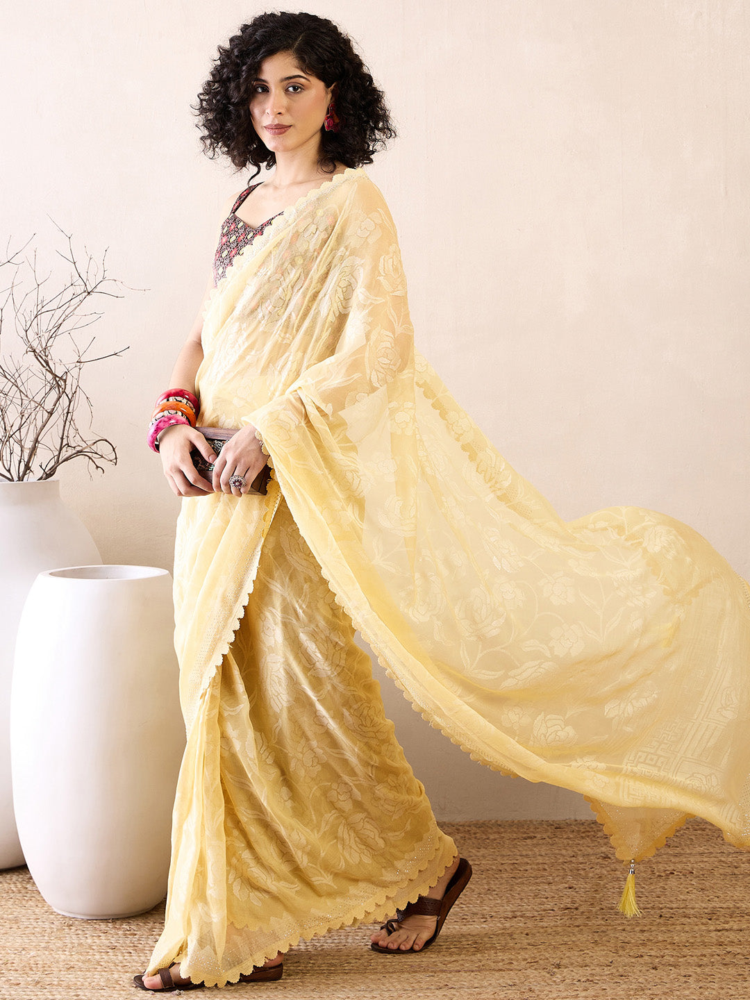 Women's Chiffon Yellow Embellished Ready to Wear With Blouse Piece