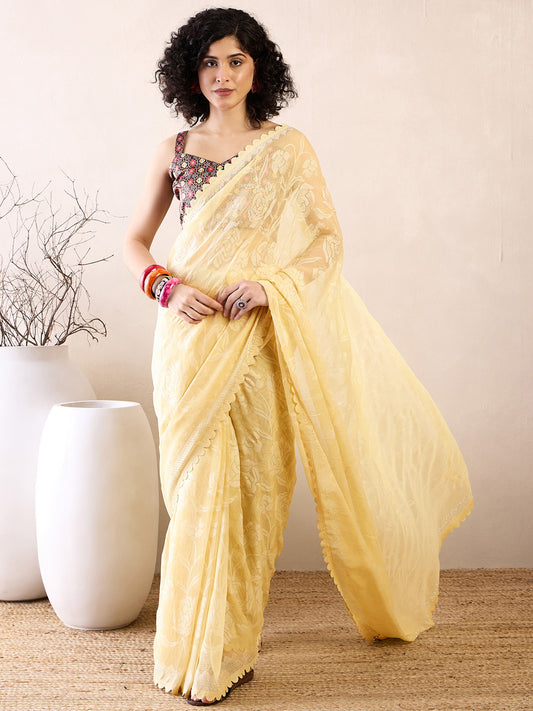 Women's Chiffon Yellow Embellished Ready to Wear With Blouse Piece