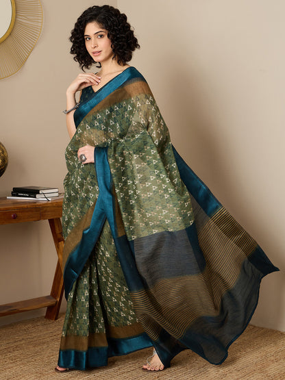Women's Linen Olive Printed Ready to Wear With Blouse Piece