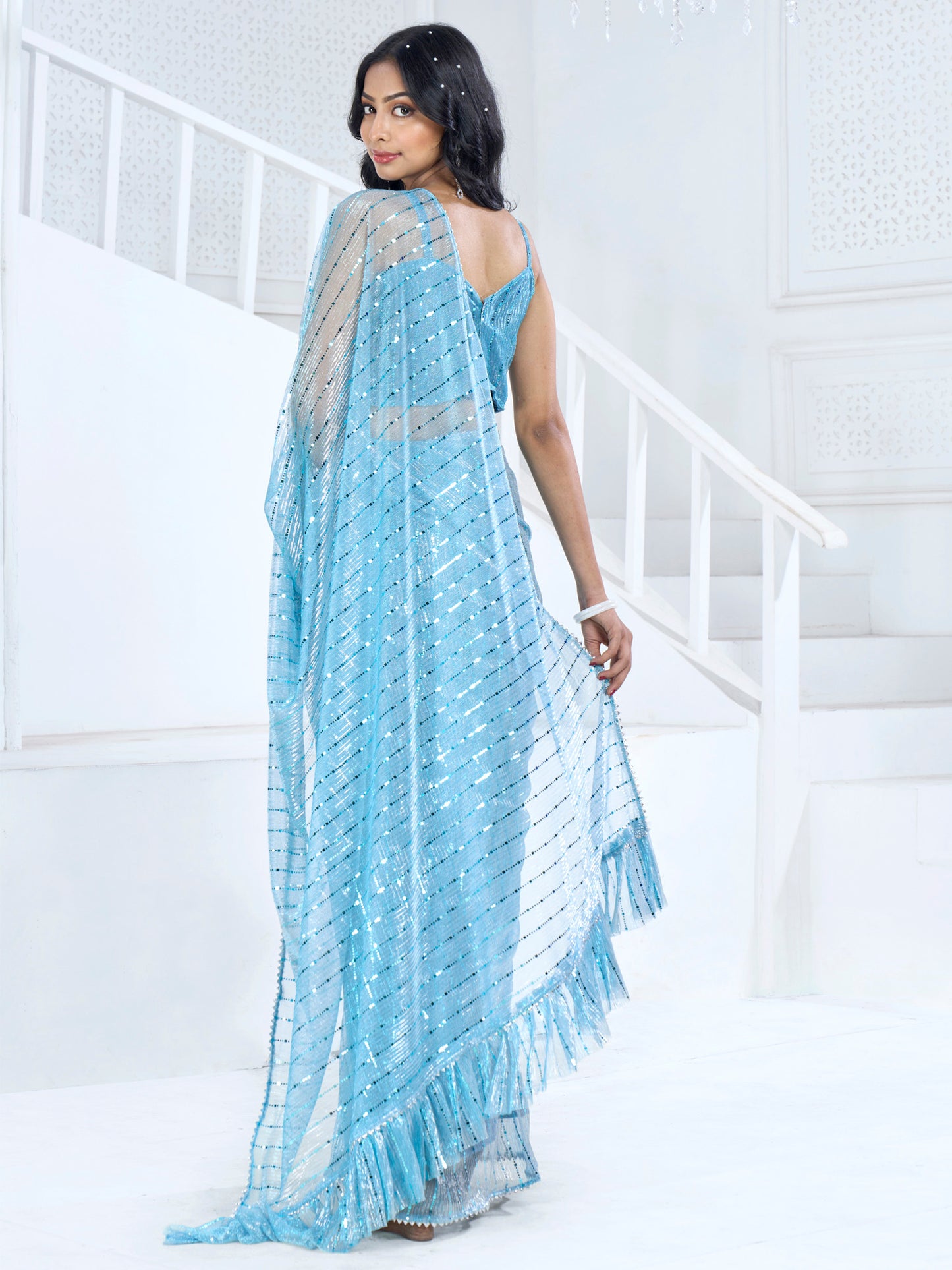 Women's Lycra Blue Embellished Ready to Wear With Blouse Piece