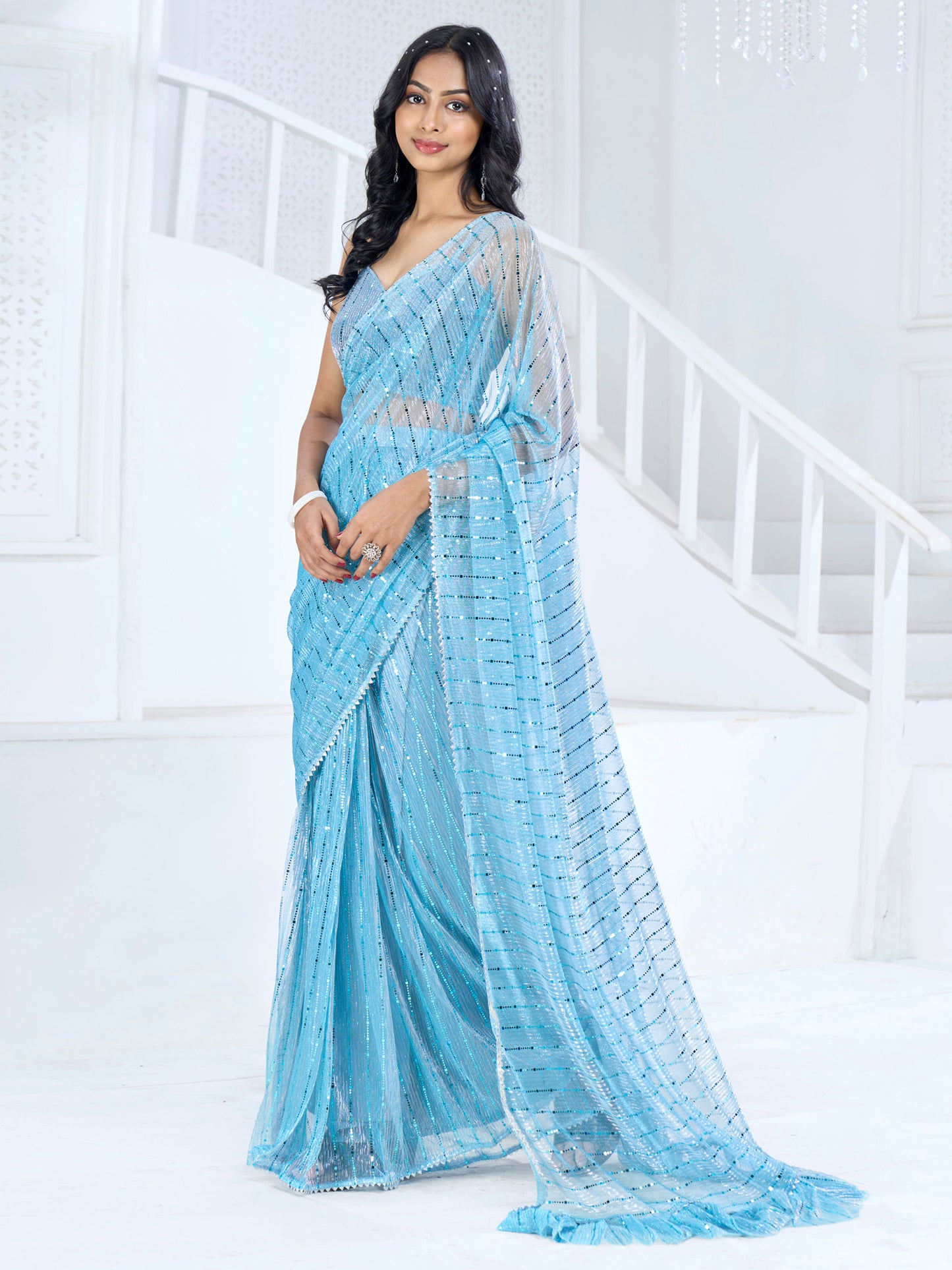 Women's Lycra Blue Embellished Ready to Wear With Blouse Piece
