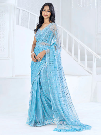 Women's Lycra Blue Embellished Ready to Wear With Blouse Piece