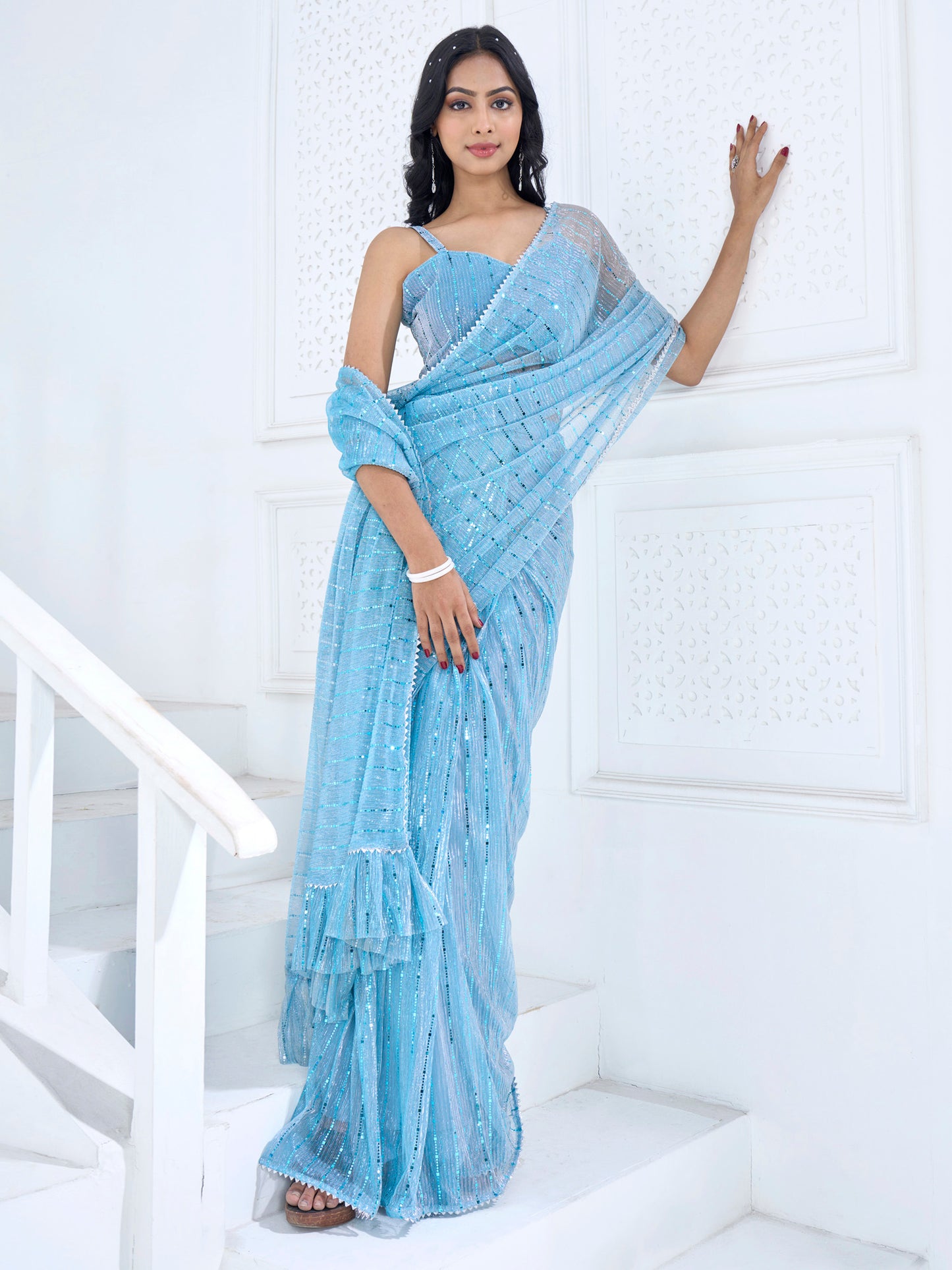 Women's Lycra Blue Embellished Ready to Wear With Blouse Piece