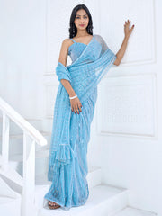 Women's Lycra Blue Embellished Ready to Wear With Blouse Piece