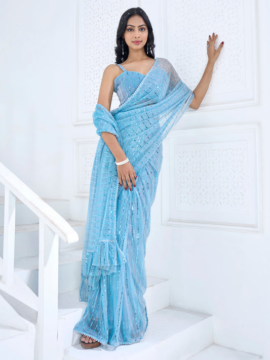 Women's Lycra Blue Embellished Ready to Wear With Blouse Piece