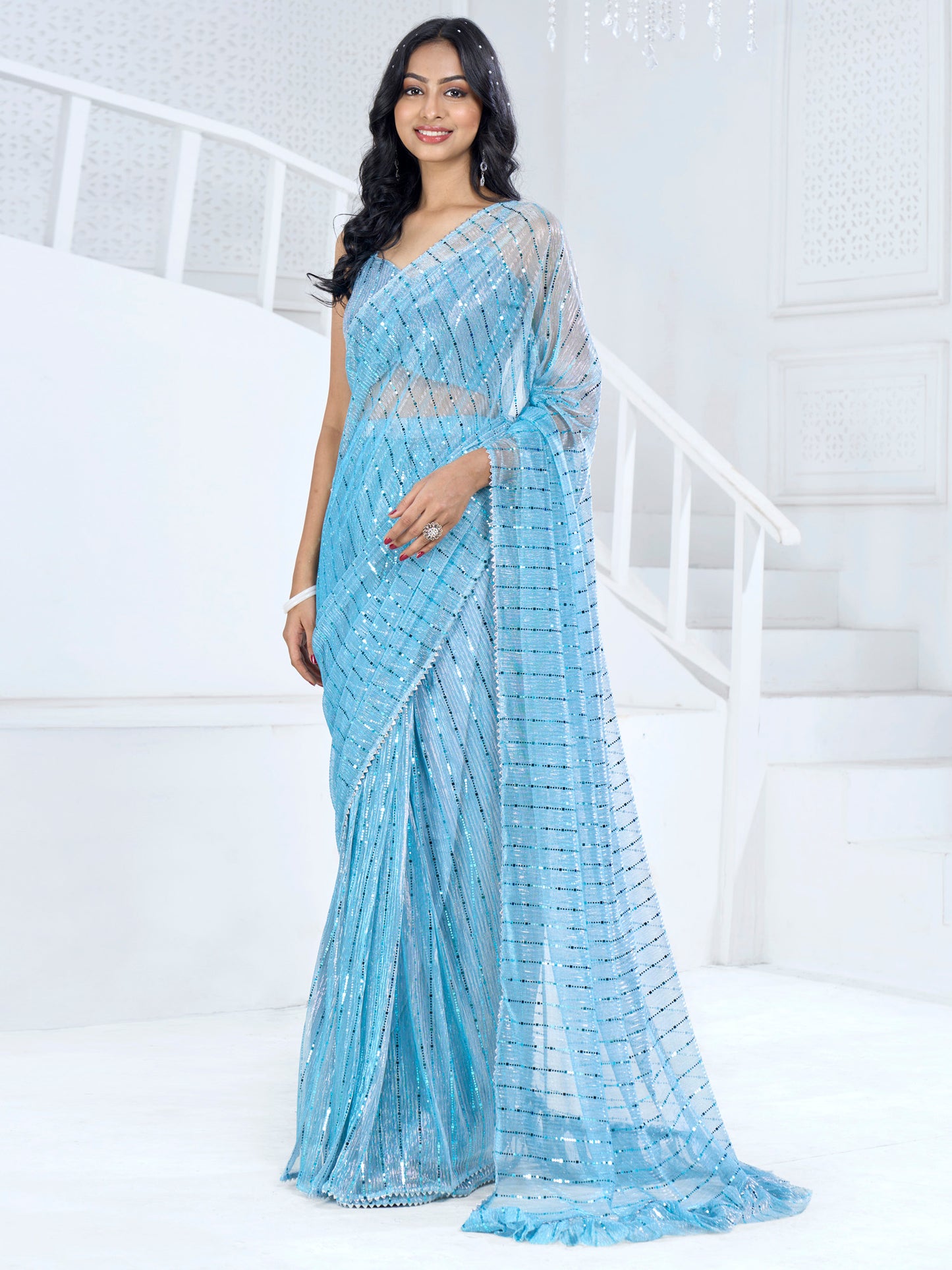 Women's Lycra Blue Embellished Ready to Wear With Blouse Piece