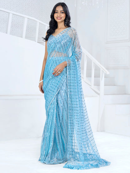 Women's Lycra Blue Embellished Ready to Wear With Blouse Piece