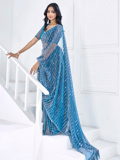Women's Lycra Teal blue Embellished Ready to Wear With Blouse Piece