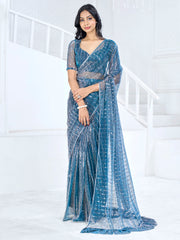 Women's Lycra Teal blue Embellished Ready to Wear With Blouse Piece