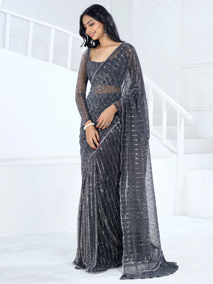 Women's Lycra Black Embellished Ready to Wear With Blouse Piece