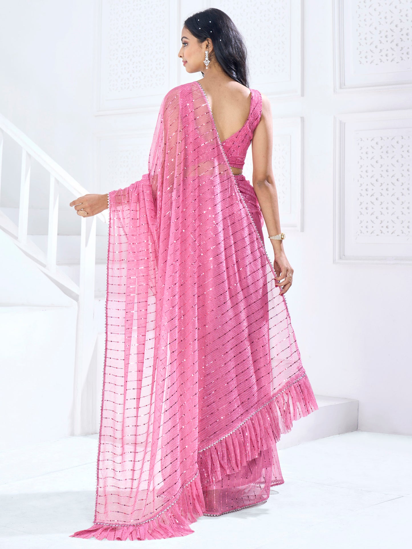 Women's Lycra Pink Embellished Ready to Wear With Blouse Piece