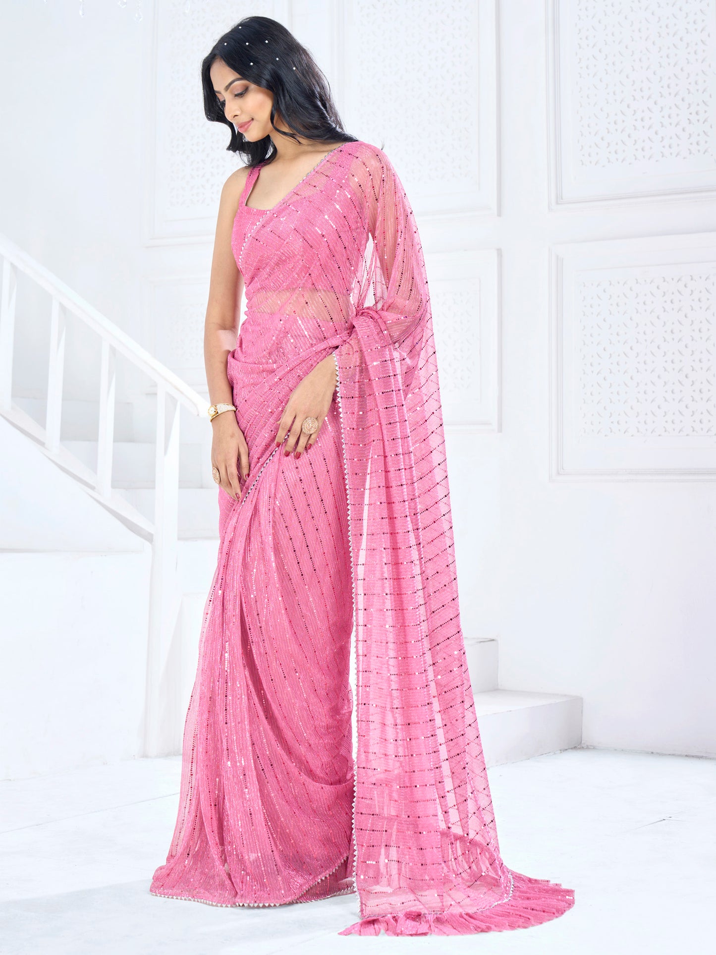 Women's Lycra Pink Embellished Ready to Wear With Blouse Piece