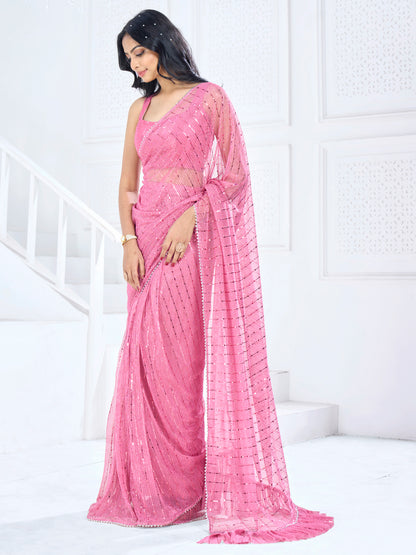 Women's Lycra Pink Embellished Ready to Wear With Blouse Piece