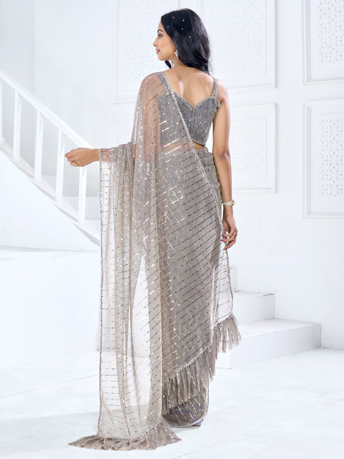 Women's Lycra Charcoal Grey Embellished Ready to Wear With Blouse Piece