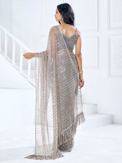 Women's Lycra Charcoal Grey Embellished Ready to Wear With Blouse Piece