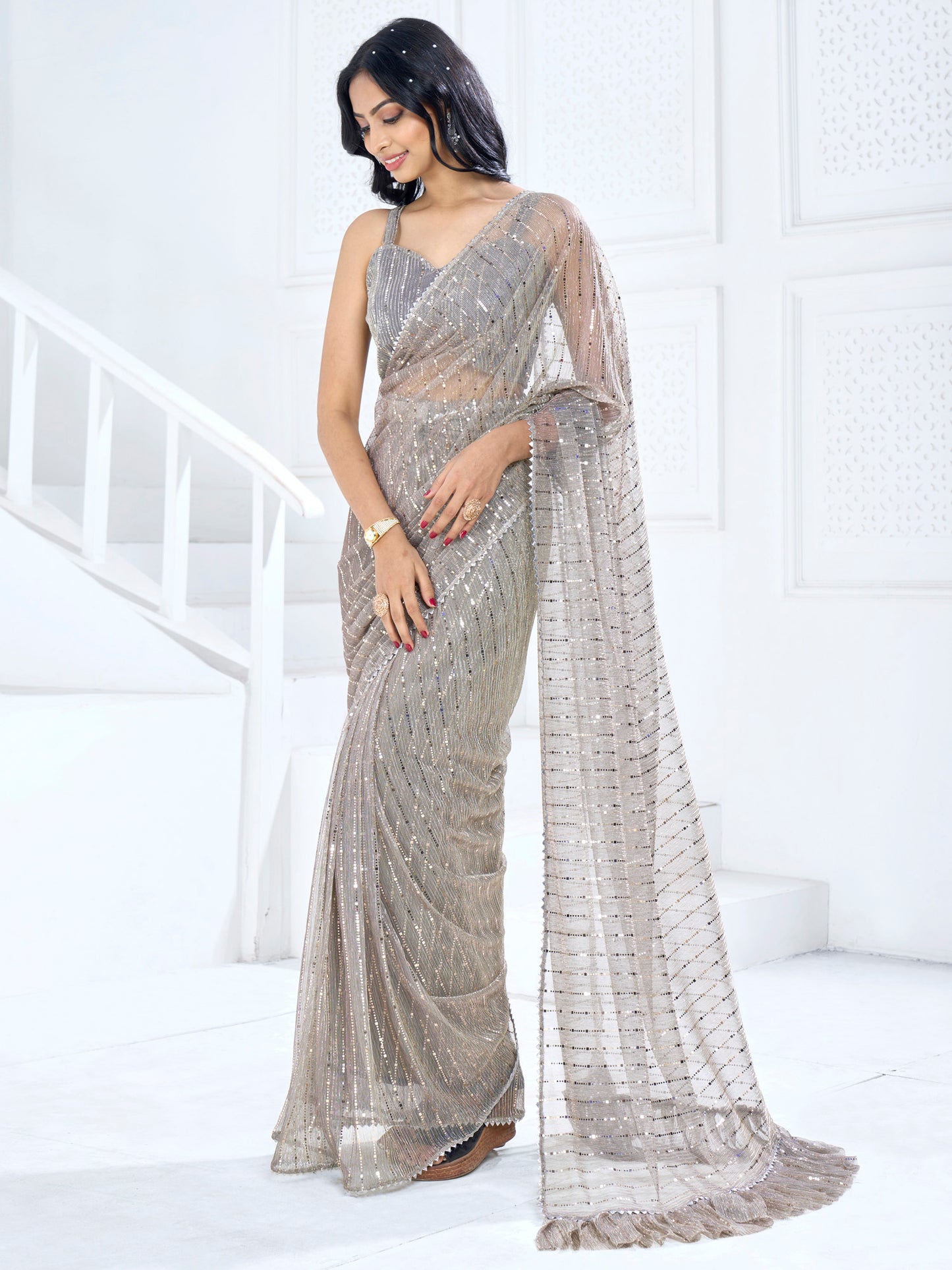 Women's Lycra Charcoal Grey Embellished Ready to Wear With Blouse Piece
