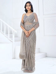Women's Lycra Charcoal Grey Embellished Ready to Wear With Blouse Piece