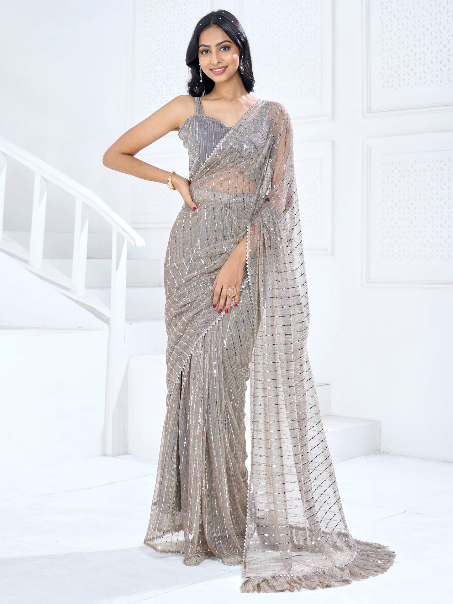 Women's Lycra Charcoal Grey Embellished Ready to Wear With Blouse Piece
