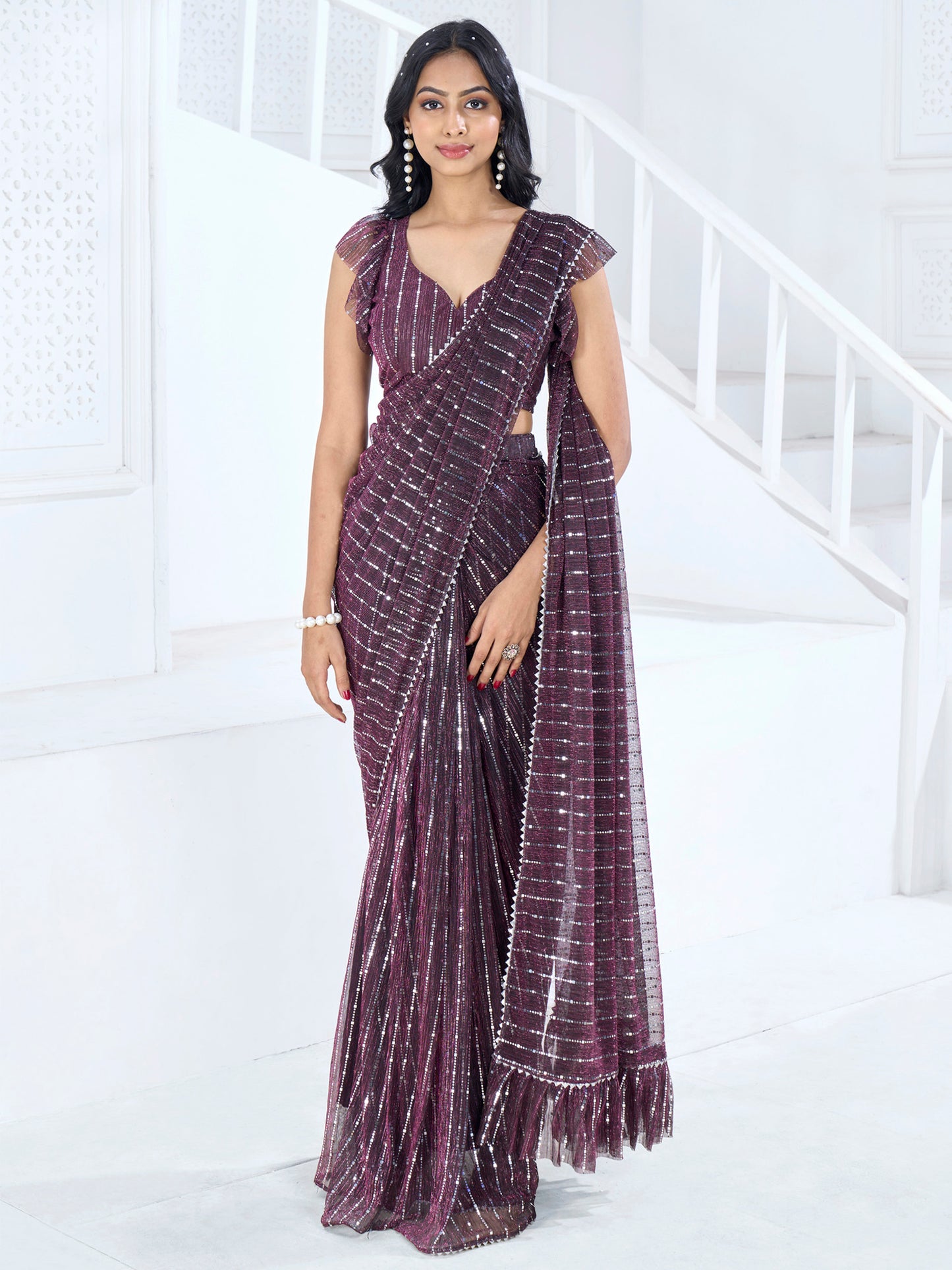 Women's Lycra Magenta Embellished Ready to Wear With Blouse Piece