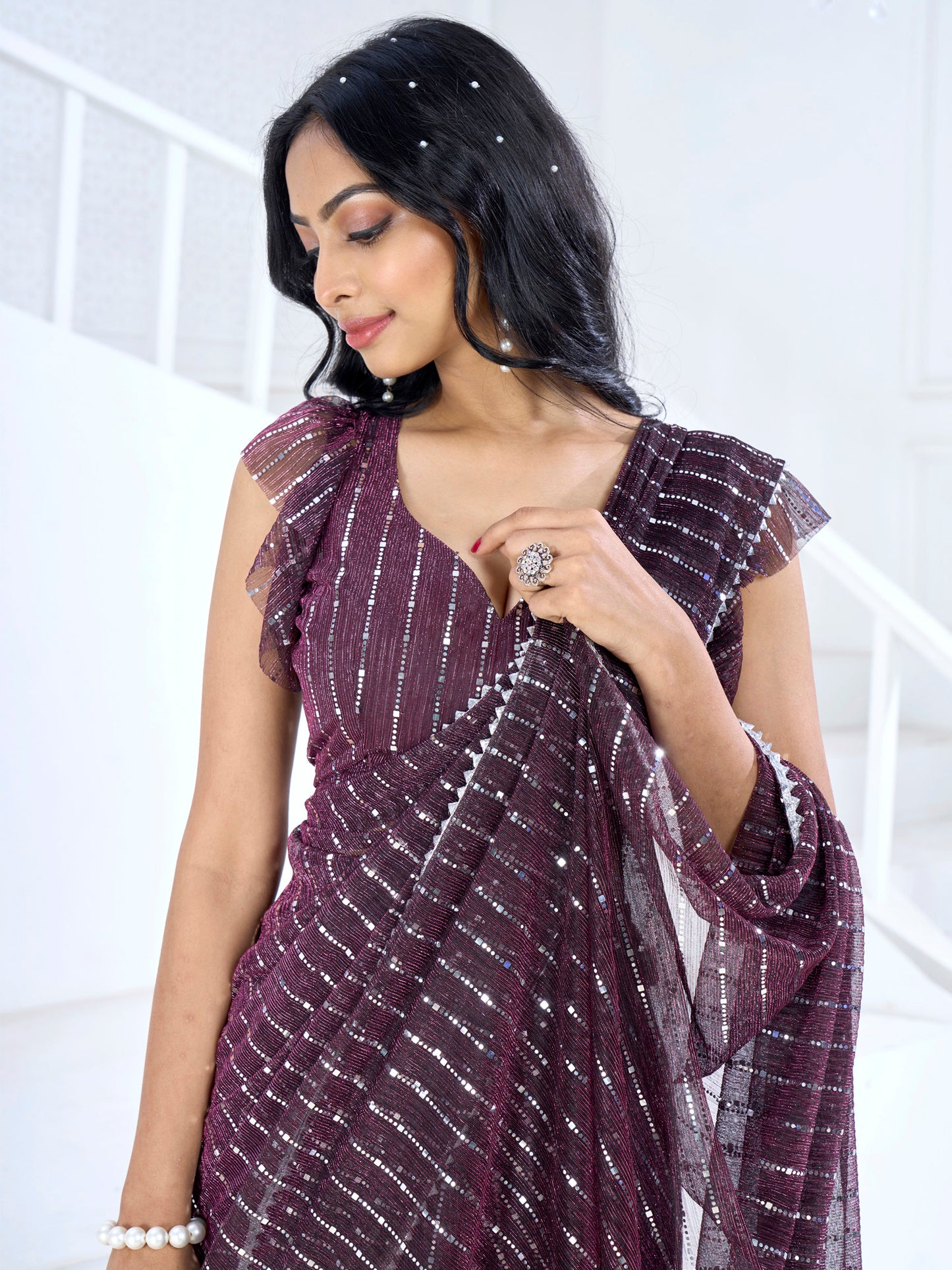 Women's Lycra Magenta Embellished Ready to Wear With Blouse Piece