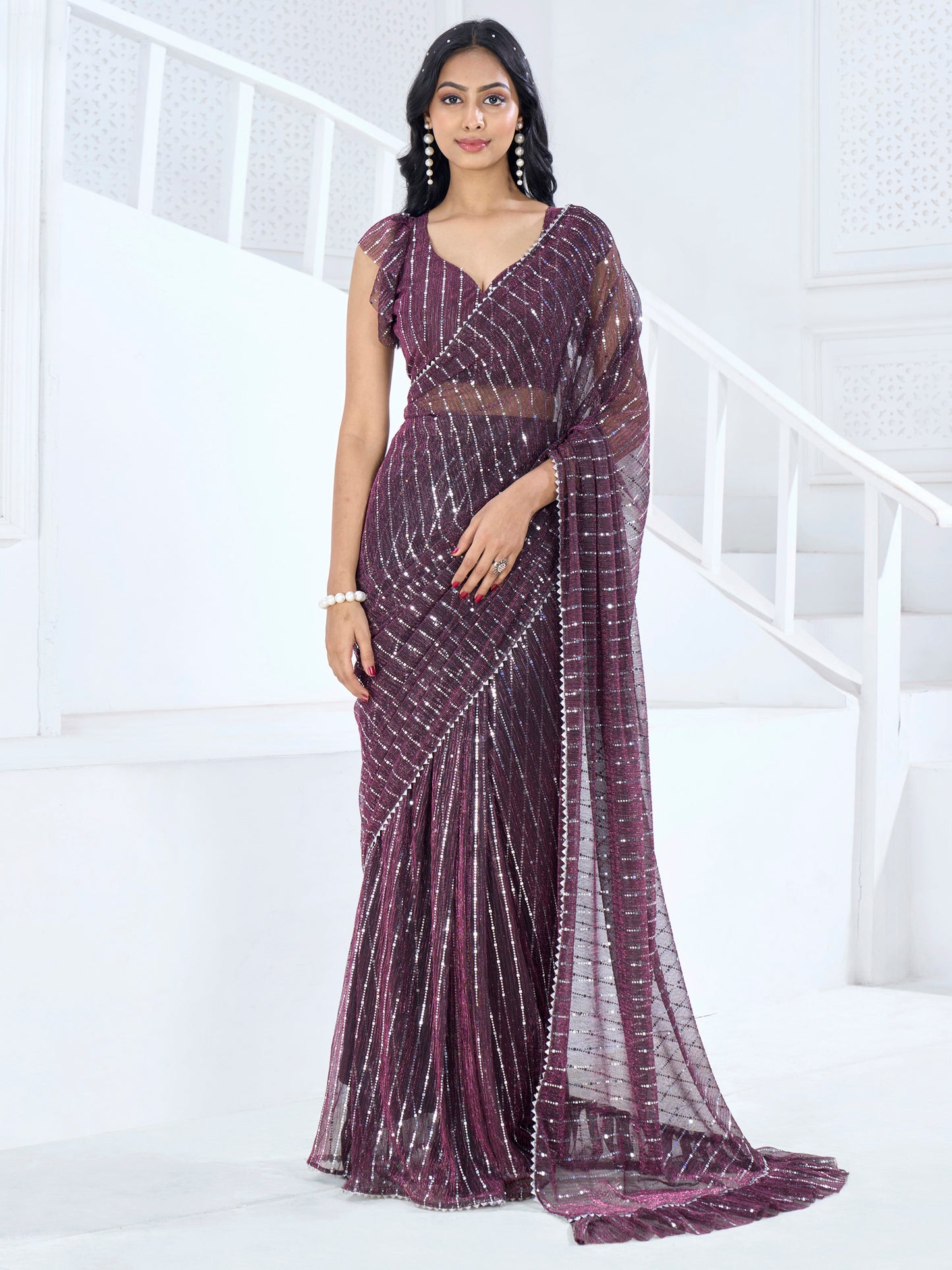Women's Lycra Magenta Embellished Ready to Wear With Blouse Piece
