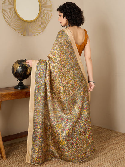 Women's Tussar Silk Mustard Printed Ready to Wear With Blouse Piece