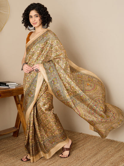 Women's Tussar Silk Mustard Printed Ready to Wear With Blouse Piece