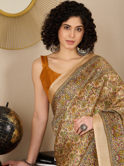 Women's Tussar Silk Mustard Printed Ready to Wear With Blouse Piece