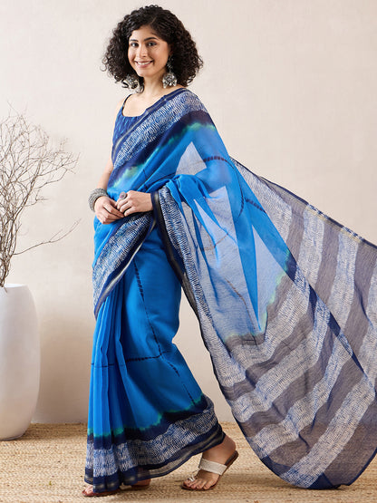 Women's Cotton Blend Navy Blue Printed Celebrity Saree With Blouse Piece