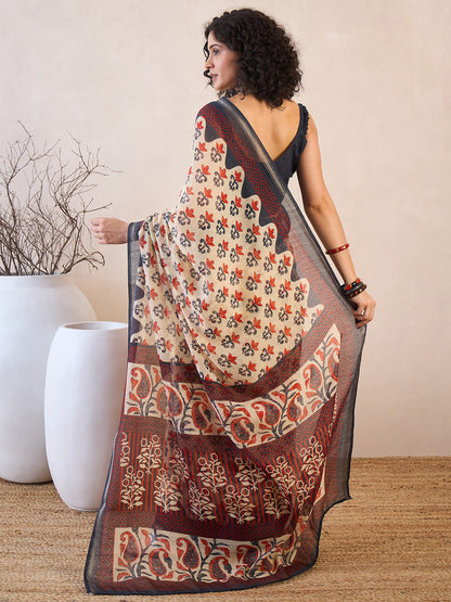 Women's Cotton Blend Beige Printed Ready to Wear With Blouse Piece