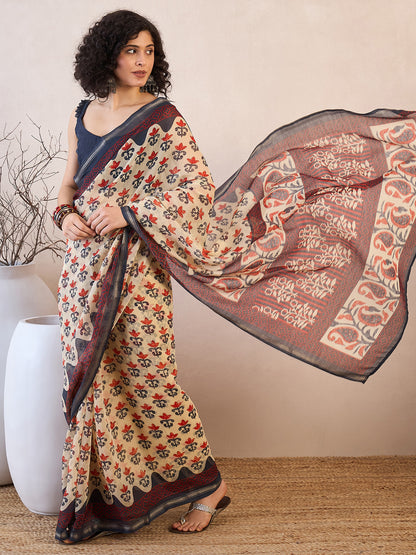Women's Cotton Blend Beige Printed Ready to Wear With Blouse Piece