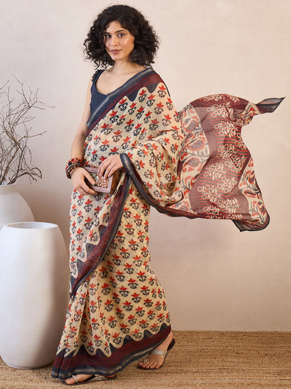 Women's Cotton Blend Beige Printed Ready to Wear With Blouse Piece