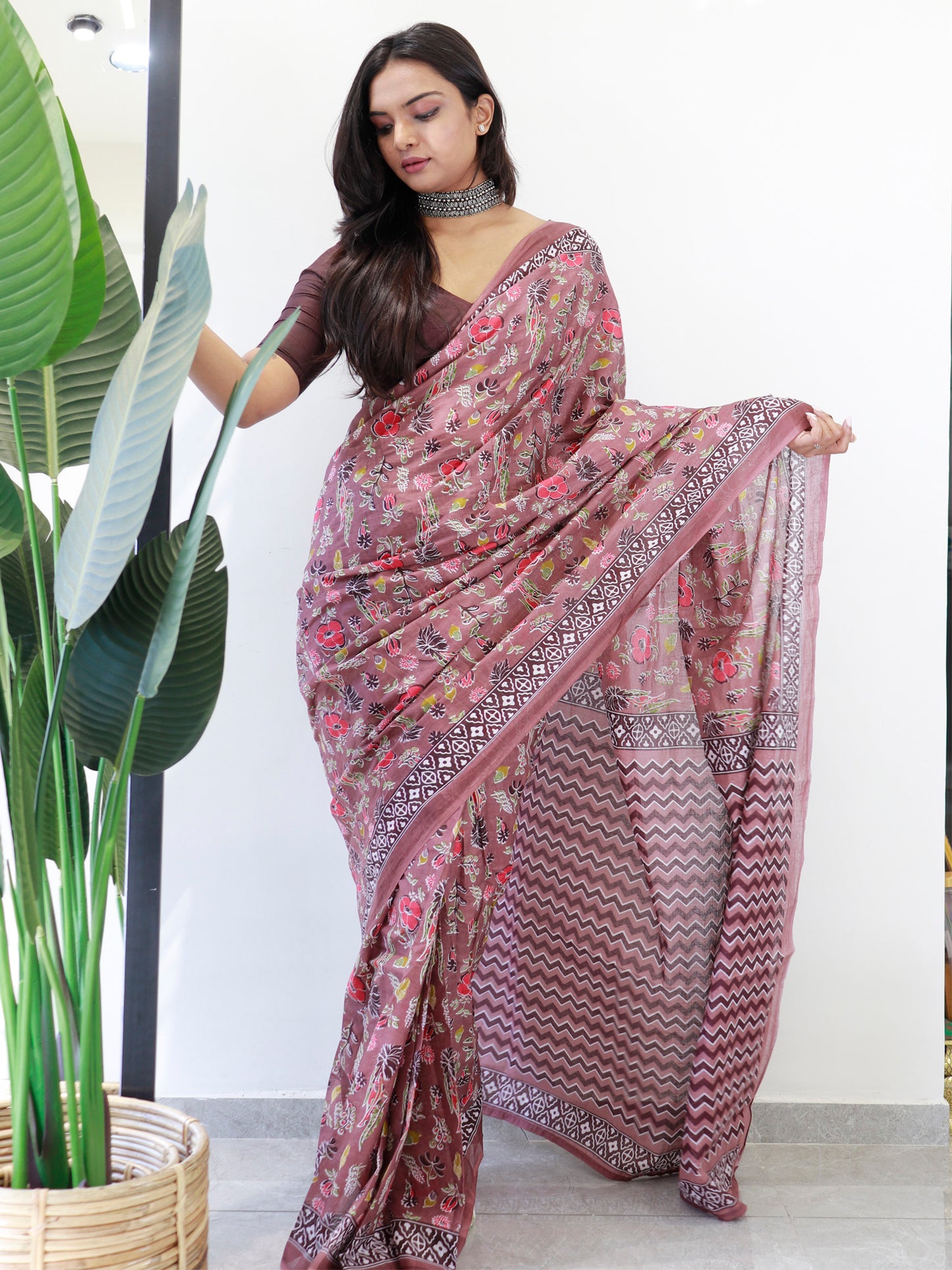 Women's Cotton Brown Printed Ready to Wear With Blouse Piece
