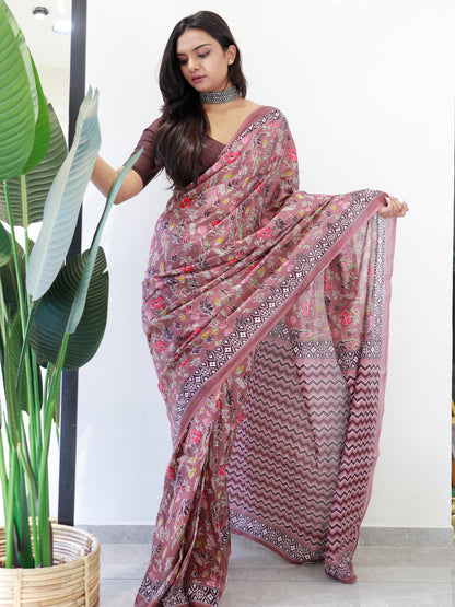 Women's Cotton Brown Printed Ready to Wear With Blouse Piece