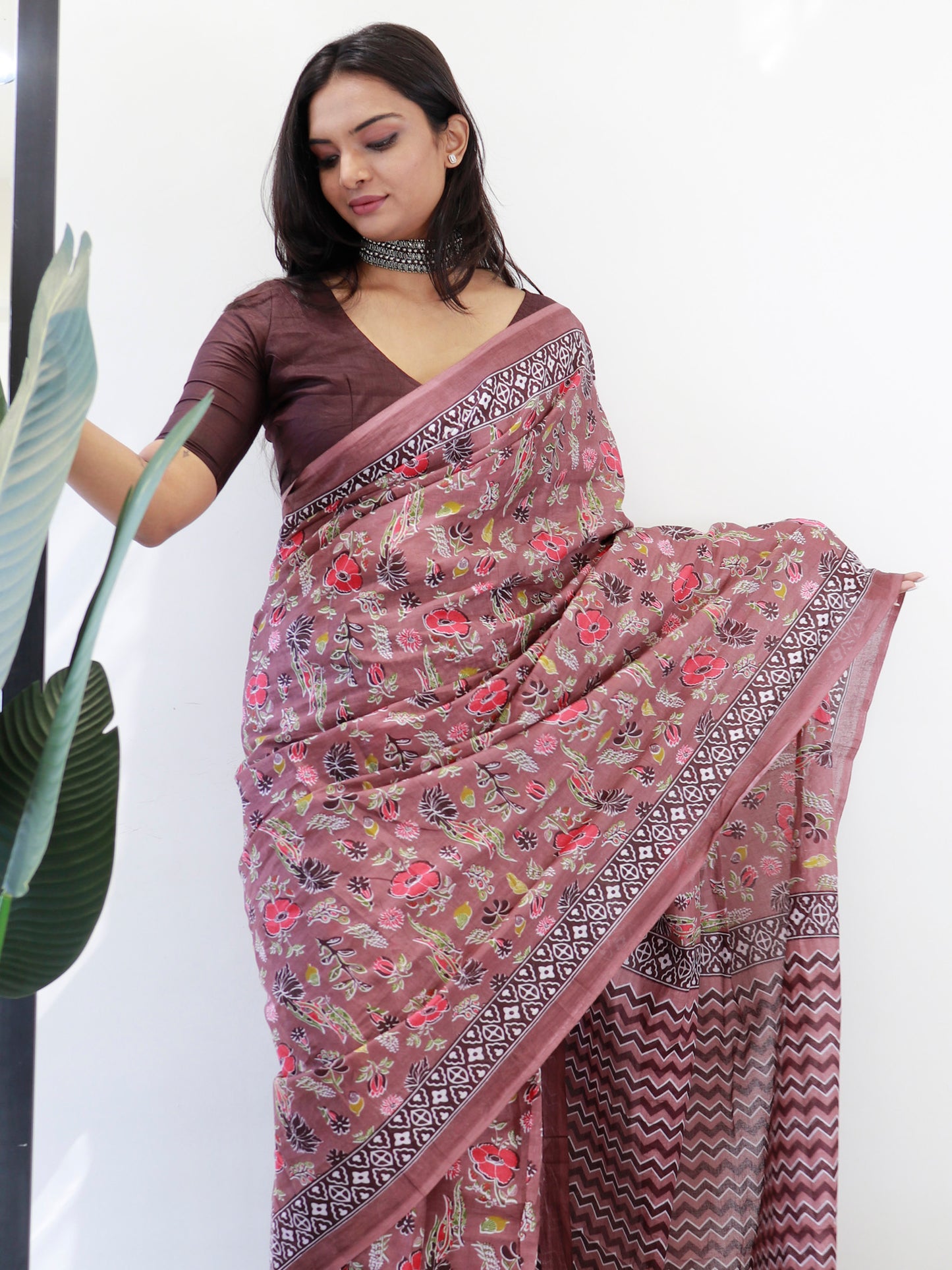 Women's Cotton Brown Printed Ready to Wear With Blouse Piece