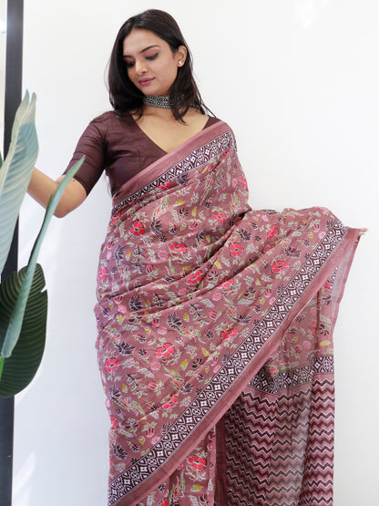 Women's Cotton Brown Printed Ready to Wear With Blouse Piece