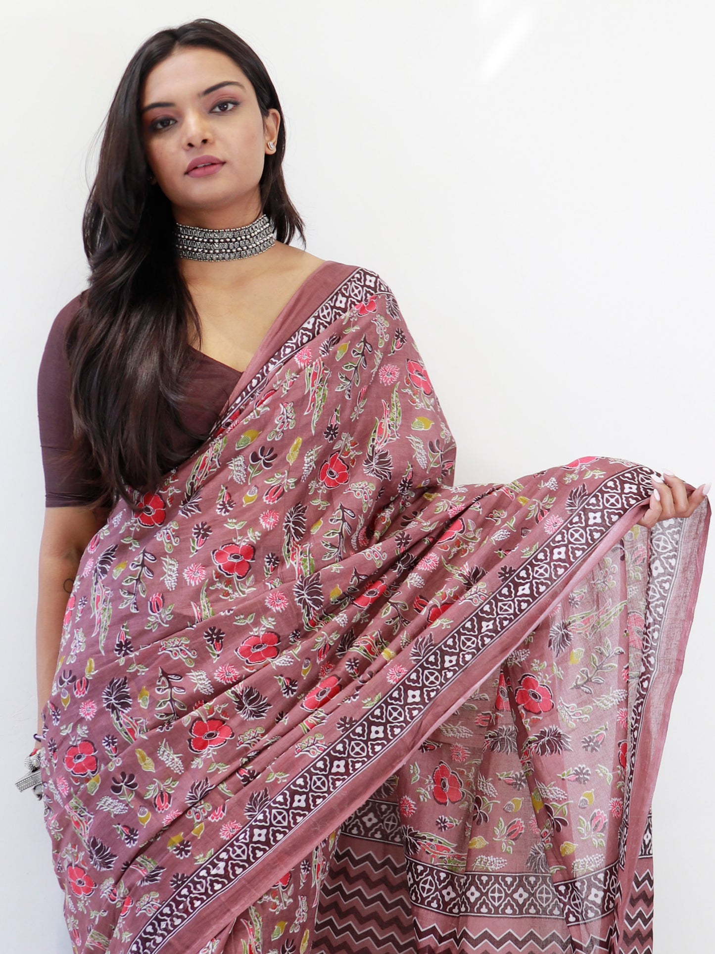 Women's Cotton Brown Printed Ready to Wear With Blouse Piece