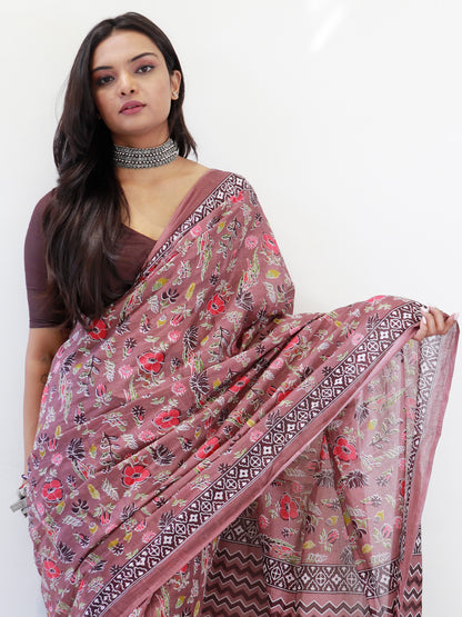 Women's Cotton Brown Printed Ready to Wear With Blouse Piece
