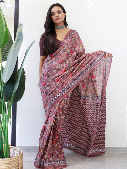 Women's Cotton Brown Printed Ready to Wear With Blouse Piece