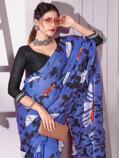 Women's Cotton Blue Printed Designer Saree With Blouse Piece