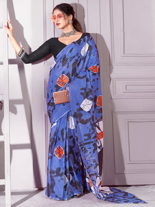 Women's Cotton Blue Printed Designer Saree With Blouse Piece