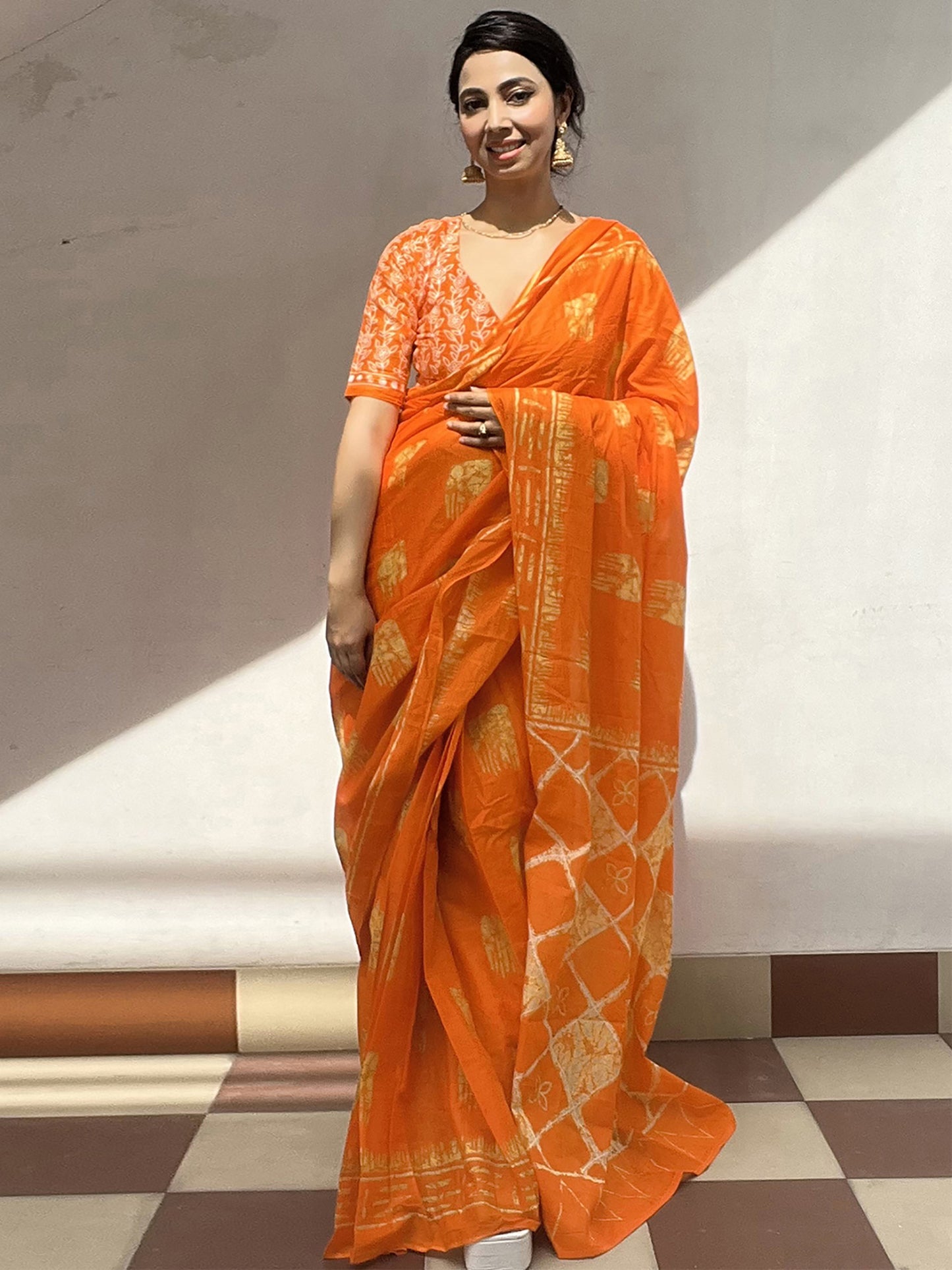 Women's Cotton Orange Printed Designer Saree With Blouse Piece